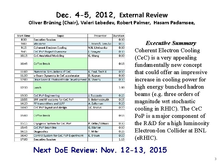 Dec. 4 -5, 2012, External Review Oliver Brüning (Chair), Valeri Lebedev, Robert Palmer, Hasam