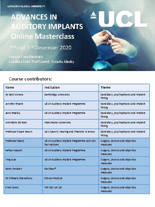 ADVANCED AUDIOLOGY MASTERCLASSES ADVANCES IN AUDITORY IMPLANTS Online Masterclass 2 nd and 3 rd