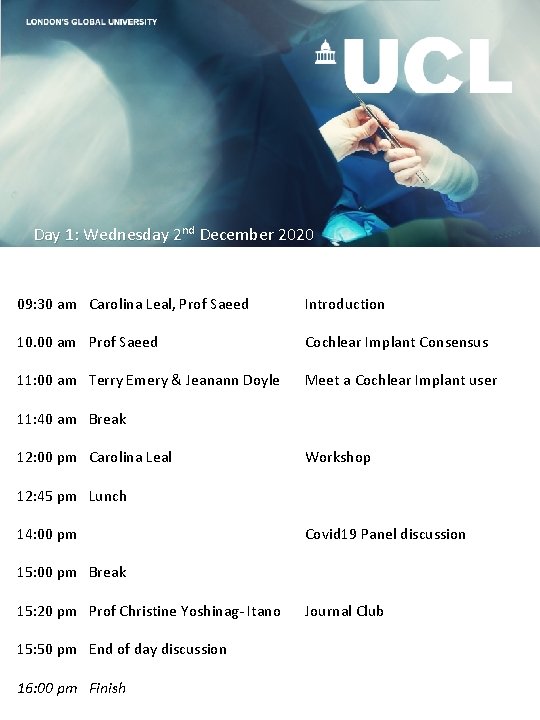 ADVANCED AUDIOLOGY MASTERCLASSES Day 1: Wednesday 2 nd December 2020 09: 30 am Carolina