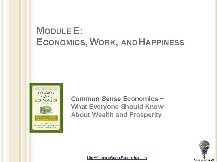 MODULE E: ECONOMICS, WORK, AND HAPPINESS 1 Common Sense Economics ~ What Everyone Should