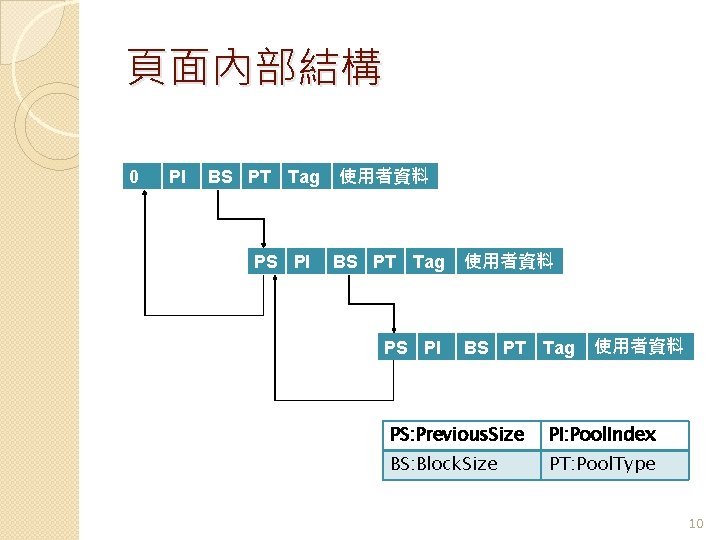 頁面內部結構 0 PI BS PT Tag PS PI 使用者資料 BS PT Tag 使用者資料 PS: