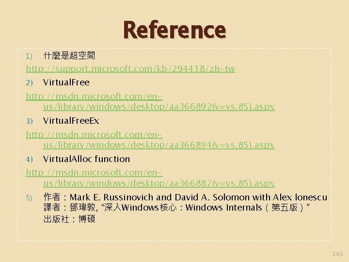 Reference 什麼是超空間 http: //support. microsoft. com/kb/294418/zh-tw 1) 2) Virtual. Free http: //msdn. microsoft. com/enus/library/windows/desktop/aa