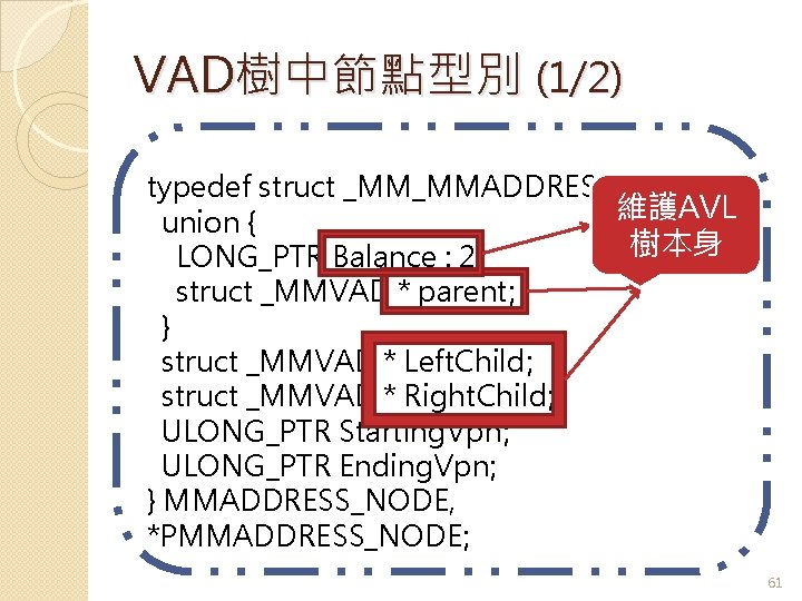 VAD樹中節點型別 (1/2) typedef struct _MM_MMADDRESS_NODE { 維護AVL union { 樹本身 LONG_PTR Balance : 2;