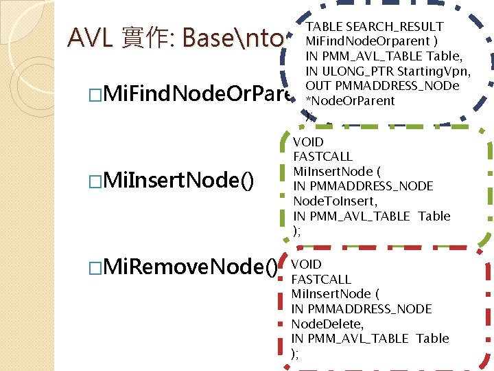 TABLE SEARCH_RESULT Mi. Find. Node. Orparent ) IN PMM_AVL_TABLE Table, IN ULONG_PTR Starting. Vpn,
