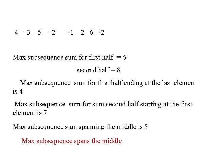 4 – 3 5 – 2 -1 2 6 -2 Max subsequence sum for