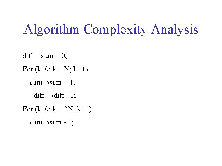 Algorithm Complexity Analysis diff = sum = 0; For (k=0: k < N; k++)
