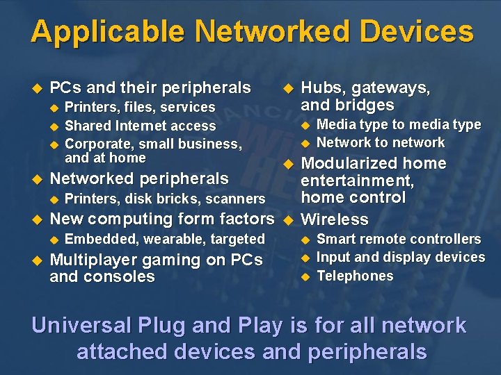 Applicable Networked Devices u PCs and their peripherals u u Networked peripherals u u Applicable Networked Devices u PCs and their peripherals u u Networked peripherals u u