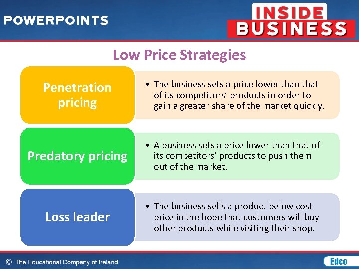 Low Price Strategies Penetration pricing • The business sets a price lower than that