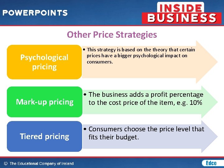 Other Price Strategies Psychological pricing • This strategy is based on theory that certain