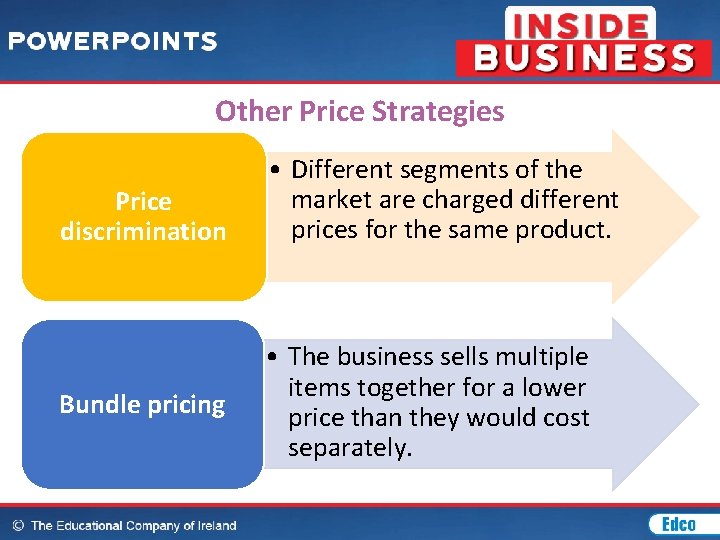 Other Price Strategies Price discrimination Bundle pricing • Different segments of the market are