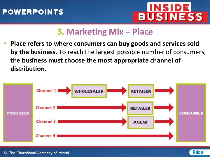 3. Marketing Mix – Place • Place refers to where consumers can buy goods