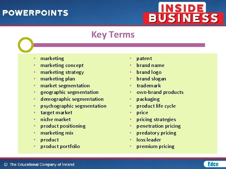 Key Terms • • • • marketing concept marketing strategy marketing plan market segmentation