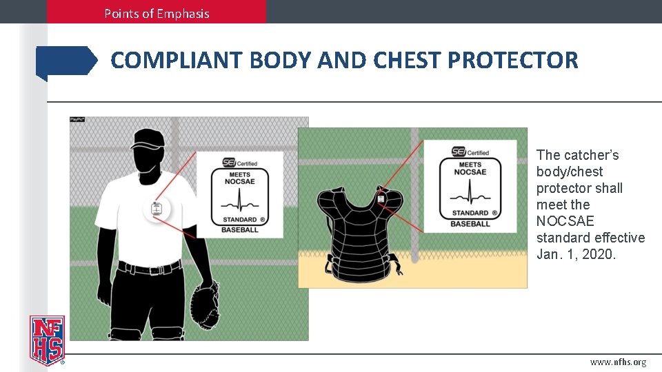 Points of Emphasis COMPLIANT BODY AND CHEST PROTECTOR The catcher’s body/chest protector shall meet