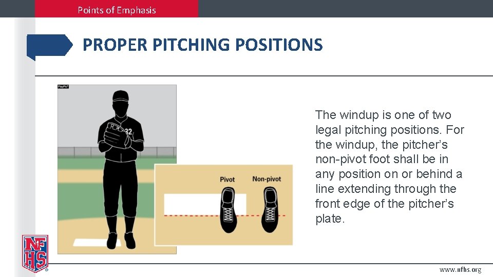 Points of Emphasis PROPER PITCHING POSITIONS The windup is one of two legal pitching