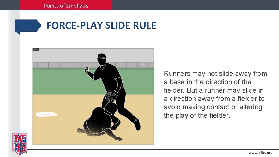 Points of Emphasis FORCE-PLAY SLIDE RULE Runners may not slide away from a base