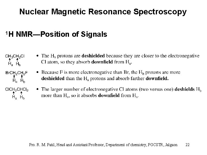 Nuclear Magnetic Resonance Spectroscopy 1 H NMR—Position of Signals Pro. R. M. Patil, Head