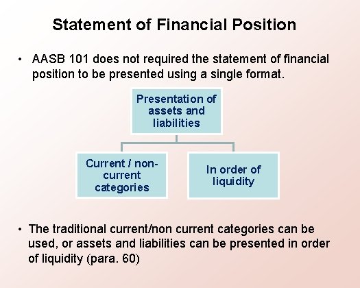 Statement of Financial Position • AASB 101 does not required the statement of financial