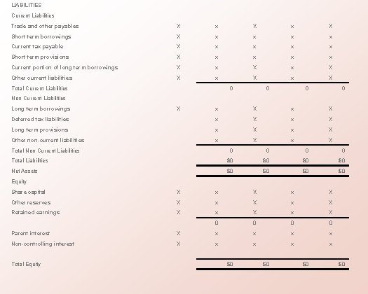 LIABILITIES Current Liabilities Trade and other payables X x X Short term borrowings X