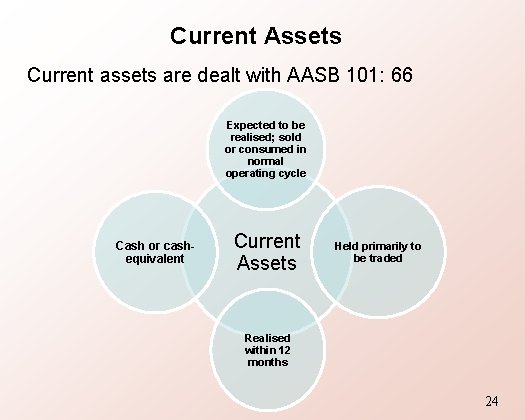 Current Assets Current assets are dealt with AASB 101: 66 Expected to be realised;