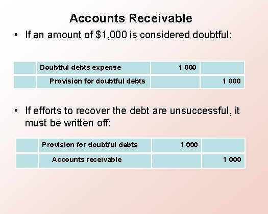 Accounts Receivable • If an amount of $1, 000 is considered doubtful: Doubtful debts