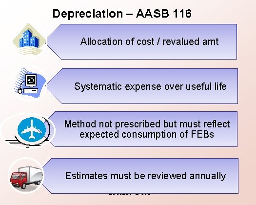 Depreciation – AASB 116 Allocation of cost / revalued amt Systematic expense over useful