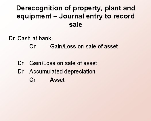 Derecognition of property, plant and equipment – Journal entry to record sale Dr Cash