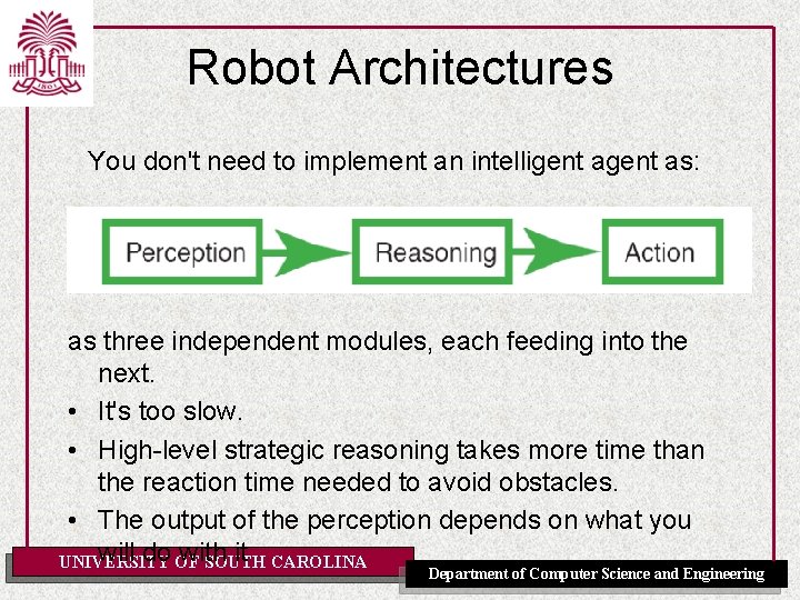 Robot Architectures You don't need to implement an intelligent as: as three independent modules,