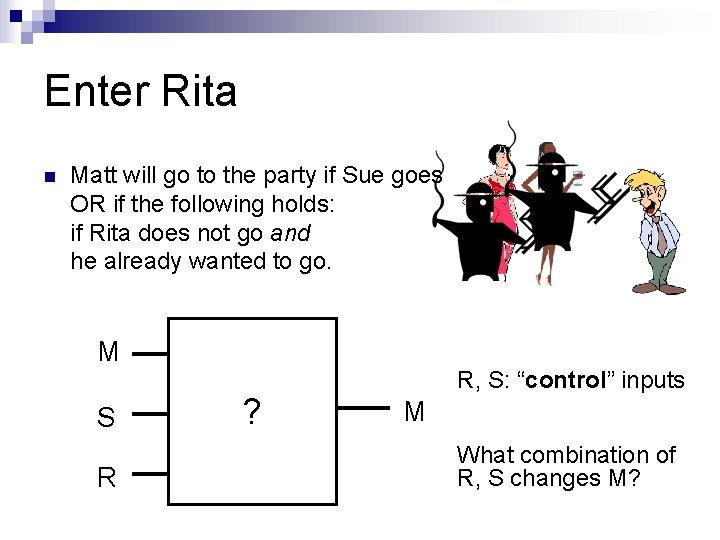 Enter Rita n Matt will go to the party if Sue goes OR if