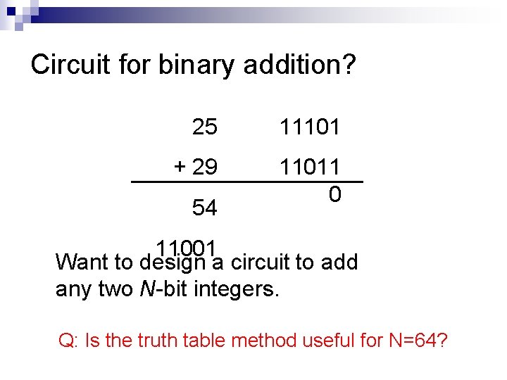 Circuit for binary addition? 25 11101 + 29 11011 0 54 11001 Want to