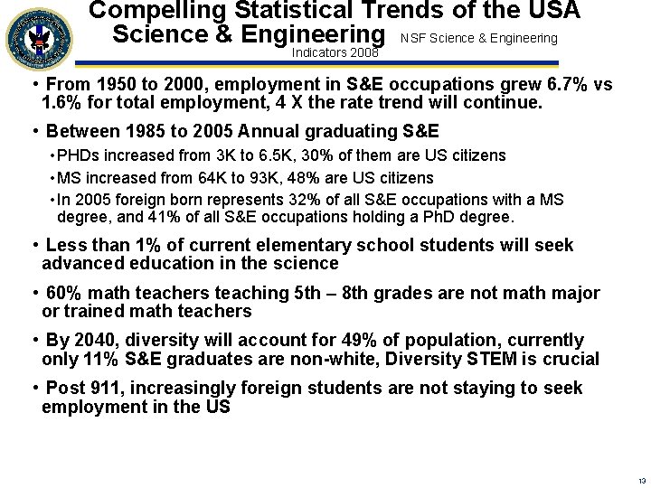 Compelling Statistical Trends of the USA Science & Engineering NSF Science & Engineering Indicators