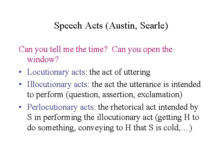 Speech Acts (Austin, Searle) Can you tell me the time? Can you open the