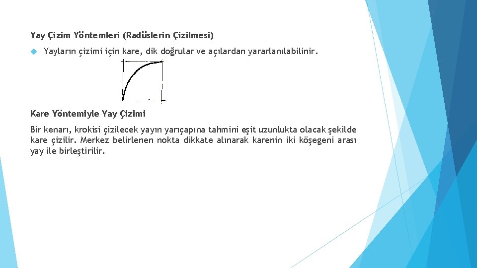 Yay Çizim Yöntemleri (Radüslerin Çizilmesi) Yayların çizimi için kare, dik doğrular ve açılardan yararlanılabilinir.