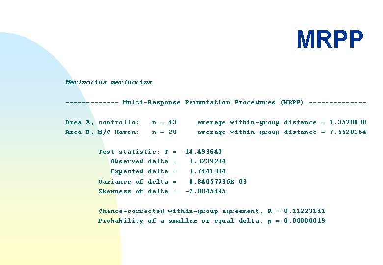 MRPP Merluccius merluccius ------- Multi-Response Permutation Procedures (MRPP) -------Area A, controllo: Area B, M/C