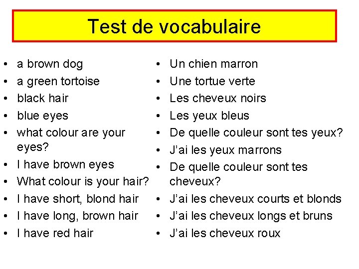 Test de vocabulaire • • • a brown dog a green tortoise black hair