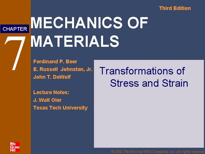 Third Edition 7 CHAPTER MECHANICS OF MATERIALS Ferdinand P. Beer E. Russell Johnston, Jr.