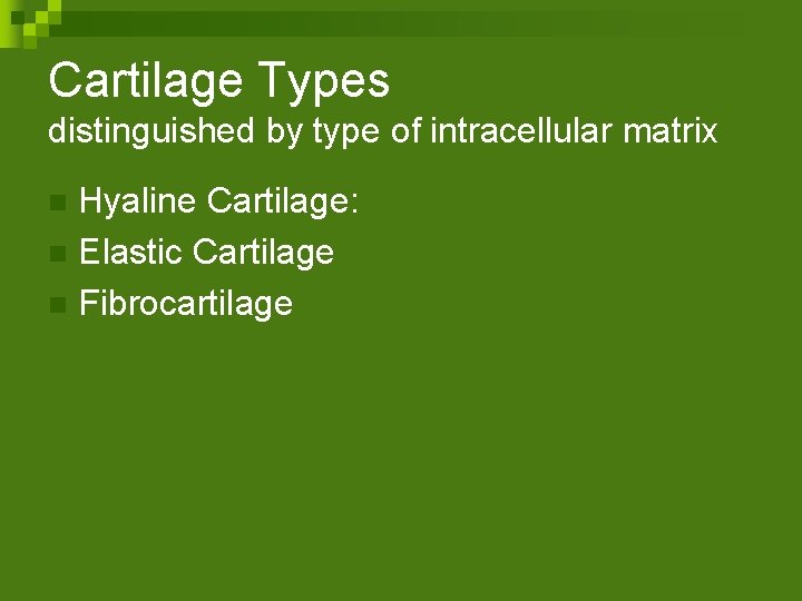 Cartilage Types distinguished by type of intracellular matrix Hyaline Cartilage: n Elastic Cartilage n