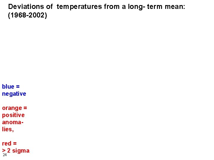 Deviations of temperatures from a long- term mean: (1968 -2002) blue = negative orange