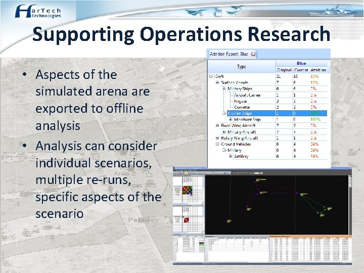 Supporting Operations Research • Aspects of the simulated arena are exported to offline analysis