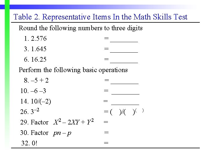 Table 2. Representative Items In the Math Skills Test Round the following numbers to