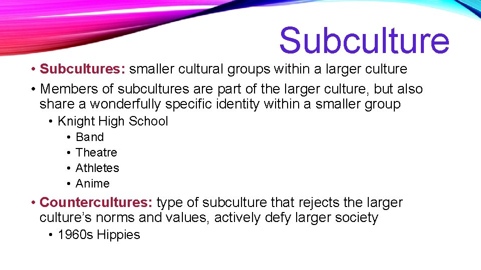 Subculture • Subcultures: smaller cultural groups within a larger culture • Members of subcultures