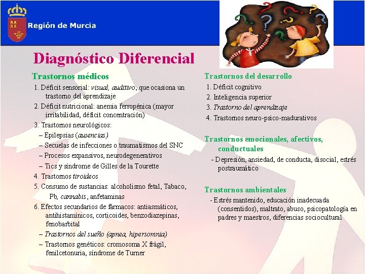 Diagnóstico Diferencial Trastornos médicos Trastornos del desarrollo 1. Déficit sensorial: visual, auditivo, que ocasiona