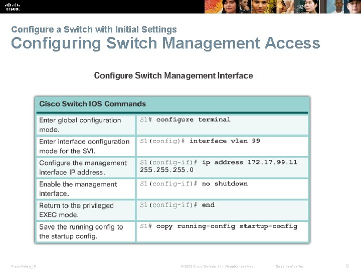 Configure a Switch with Initial Settings Configuring Switch Management Access Presentation_ID © 2008 Cisco