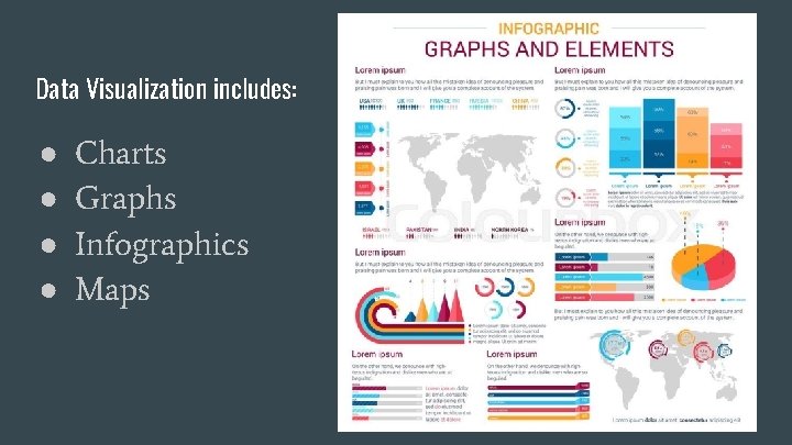 Data Visualization includes: ● ● Charts Graphs Infographics Maps 