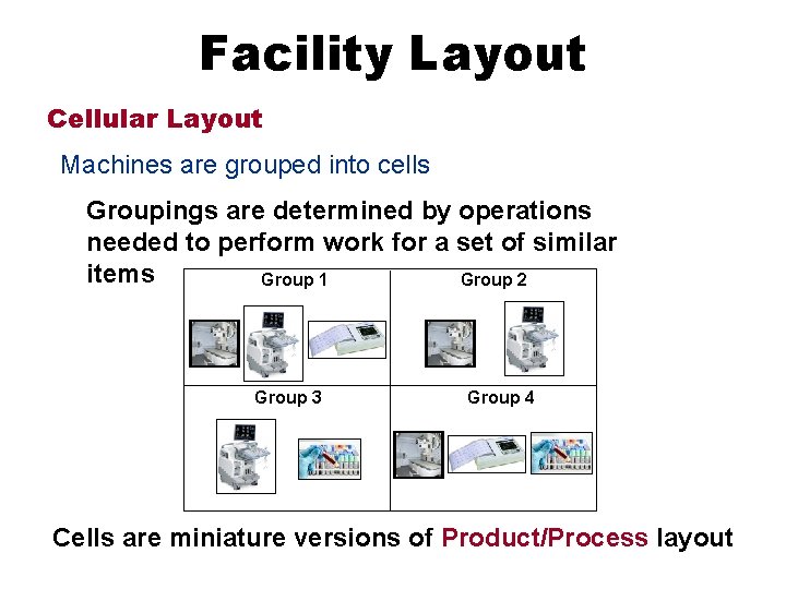 Facility Layout Cellular Layout Machines are grouped into cells Groupings are determined by operations
