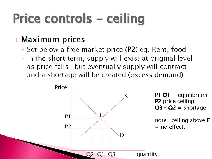 Price controls - ceiling � Maximum prices ◦ Set below a free market price