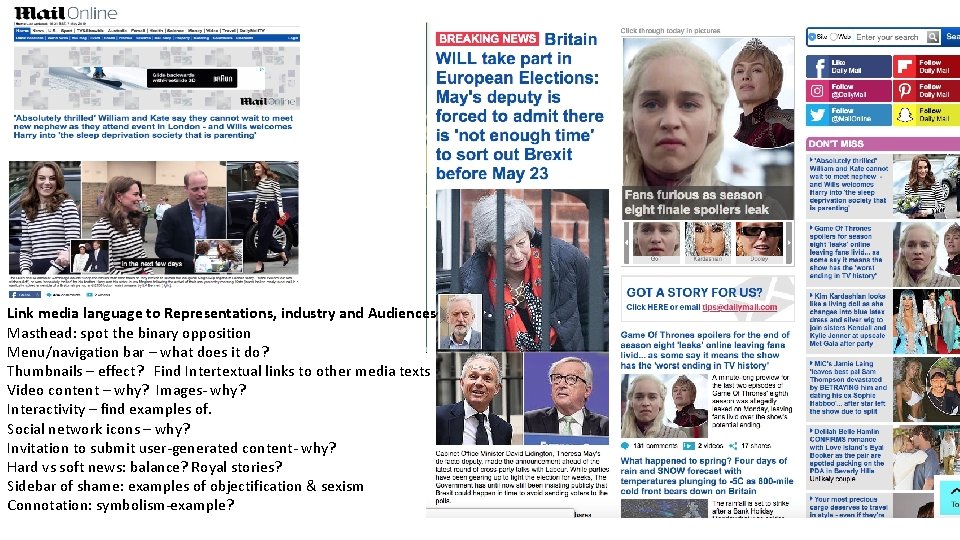Link media language to Representations, industry and Audiences Masthead: spot the binary opposition Menu/navigation
