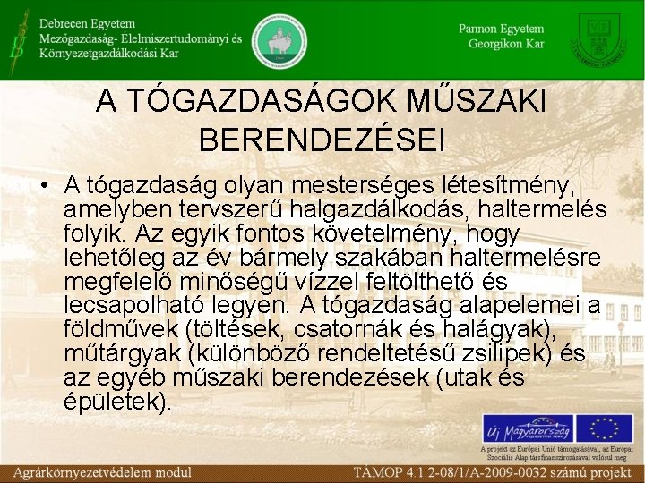 A TÓGAZDASÁGOK MŰSZAKI BERENDEZÉSEI • A tógazdaság olyan mesterséges létesítmény, amelyben tervszerű halgazdálkodás, haltermelés