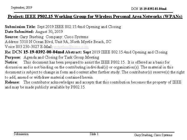 September, 2019 DCN 15 -19 -0392 -01 -04 md Project: IEEE P 802. 15