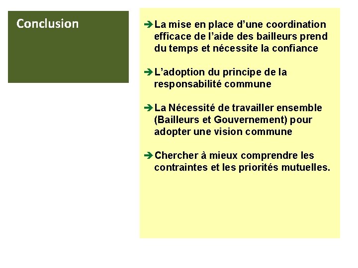 Conclusion èLa mise en place d’une coordination efficace de l’aide des bailleurs prend du