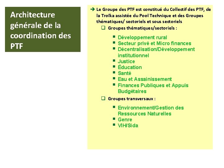 Architecture générale de la coordination des PTF è Le Groupe des PTF est constitué